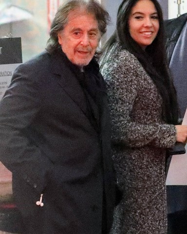 Los Angeles, CA  - *EXCLUSIVE*  - Actor Al Pacino and Noor Alfallah were seen leaving a double date dinner with his best friend, director Harold Becker at E Baldi restaurant. Noor could be seen showing a nice photo of a young Al Pacino during the outing.  Pictured: Al Pacino, Noor Alfallah  BACKGRID USA 8 APRIL 2023   BYLINE MUST READ: The Hollywood JR / BACKGRID  USA: +1 310 798 9111 / usasales@backgrid.com  UK: +44 208 344 2007 / uksales@backgrid.com  *UK Clients - Pictures Containing Children Please Pixelate Face Prior To Publication*