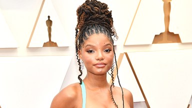 Halle Bailey in teal dress at Oscars