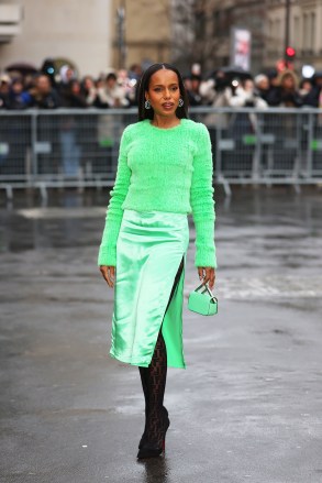 Kerry Washington attending Fendi Spring Summer 2023 Show during the Haute Couture Week in Paris in bright green Fendi lookPictured: Kerry WashingtonRef: SPL5517584 260123 NON-EXCLUSIVEPicture by: Marijo Cobretti / SplashNews.comSplash News and PicturesUSA: +1 310-525-5808London: +44 (0)20 8126 1009Berlin: +49 175 3764 166photodesk@splashnews.comWorld Rights