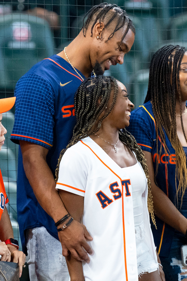 Simone Biles' Denim Shorts & Baseball Jersey With Jonathan Owens