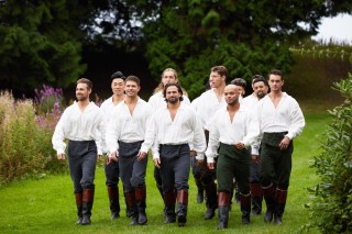 THE COURTSHIP -- "Acts of Chivalry" Episode 102 -- Pictured: (l-r) Derek Kesseler, Danny Kim, Dan Hunter, Peter Saffa, Giuseppe Castronovo, Lincoln Chapman, Alex Achilles Diaz King, Nate Shanklin, Daniel Bochicchio -- (Photo by: Sean Gleason/NBC)