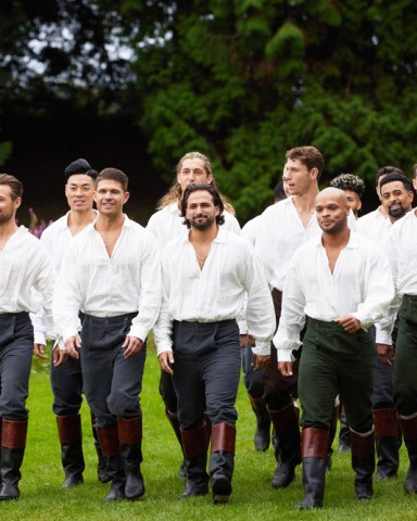 THE COURTSHIP -- "Acts of Chivalry" Episode 102 -- Pictured: (l-r) Derek Kesseler, Danny Kim, Dan Hunter, Peter Saffa, Giuseppe Castronovo, Lincoln Chapman, Alex Achilles Diaz King, Nate Shanklin, Daniel Bochicchio -- (Photo by: Sean Gleason/NBC)