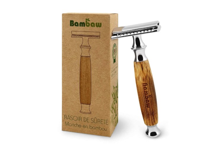Bambaw bamboo safety razor leaning against its package