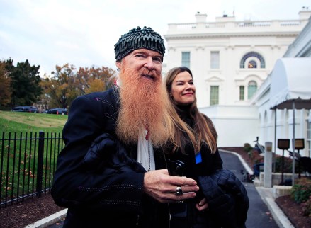 Billy Gibbons, Gilligan Stillwater. ZZ Top guitarist and lead vocalist Billy Gibbons with his wife Gilligan Stillwater tours the White House in Washington
ZZ Top, Washington, USA - 15 Nov 2017