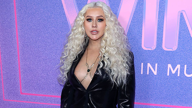 Christina Aguilera Slays Purple Latex Dress & Lacy Gloves In Sexy New Photos