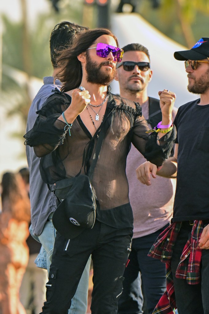 Jared Leto Rocks A Mesh Shirt & Black Jeans At Coachella