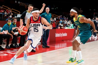 Devin Booker of Team United States controls the ball during the Men's Basketball Semifinal match between USA and Australia on Day 13 of the Tokyo 2020 Olympic Games
Tokyo Olympic Games 2020, Saitama Super Arena, Tokyo, Japan - 05 Aug 2021