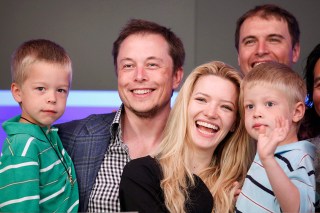 Elon Musk, Talulah Riley, Griffin, Xavier Elon Musk, CEO of Tesla Motors, stands with his fiancee Talulah Riley and his twin sons Griffin, left, 6, and Xavier at the Nasdaq's opening bell to celebrate the electric automaker's initial public offering, Tuesday, June, 29, 2010, in New YorkTesla Motors IPO, New York, USA