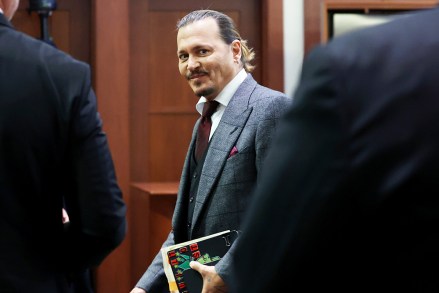 American actor Johnny Depp during the $50 million Depp vs. Heard libel trial at the Fairfax County Circuit Court in Fairfax, Virginia, USA to last five or six weeks.  Depp v. Heard defamation lawsuit in Fairfax County Circuit Court, USA - April 28, 2022