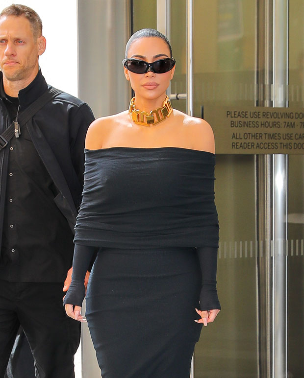 Kim Kardashian Wears Oversized Suit & Baby Blue Gloves During Outing ...