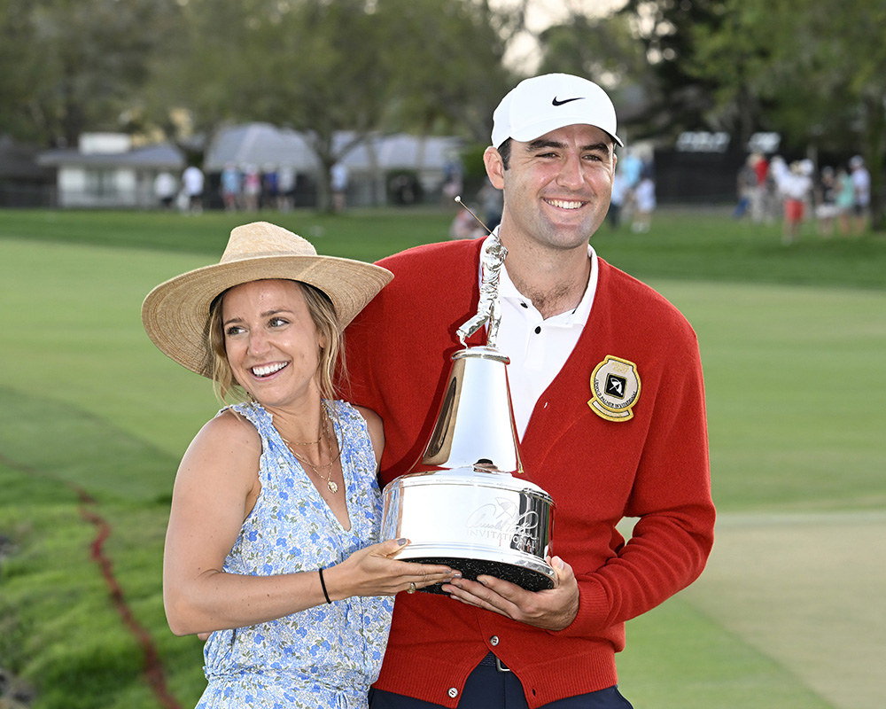 Scottie Scheffler holds the Arnold Palmer Invitational trophy with his wife Meredith after winning the Tournament presented by Mastercard at the Bay Hill Club and Lodge in Orlando, Florida on Sunday, March 6, 2022.
Scottie Scheffler Wins the 44th Arnold Palmer Invitational at Bay Hill Club in Orlando Florida, United States - 06 Mar 2022