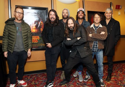 Nate Mendel, Dave Grohl, Taylor Hawkins, Director BJ McDonnell, Rami Jaffee, Chris Shiflett and Pat Smear
Foo Fighters and Director BJ McDonnell at Los Angeles opening day screenings of Open Road's STUDIO 666, Los Angeles, CA, USA - 25 February 2022