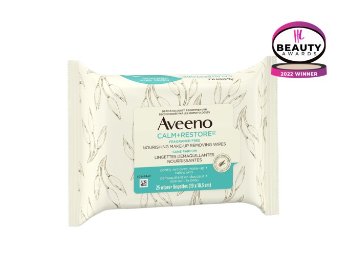 BEST MAKEUP REMOVER WIPES – Aveeno Calm + Restore Nourishing Makeup Remover Wipes, $6, aveeno.com