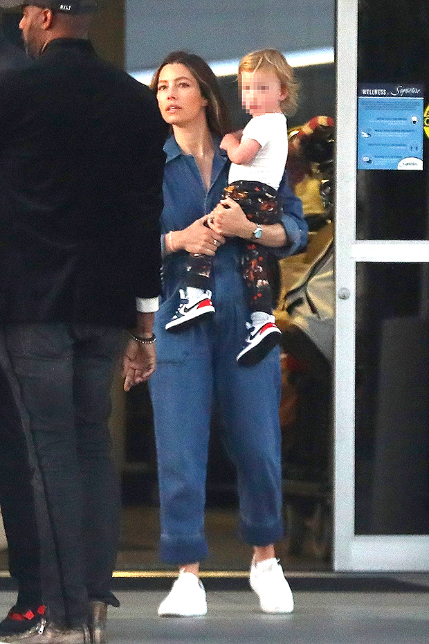 Jessica Biel & Son Phineas At Airport With Justin Timberlake