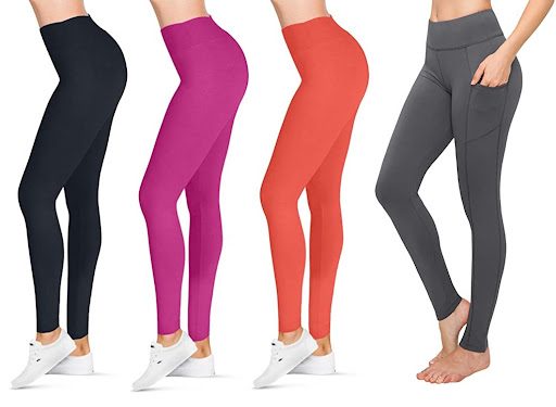A set of four leggings in black, pink, orange, and gray