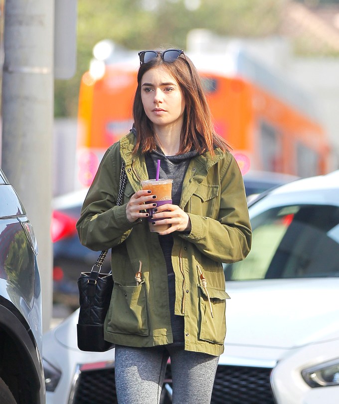 Lily Collins Gets Iced Coffee