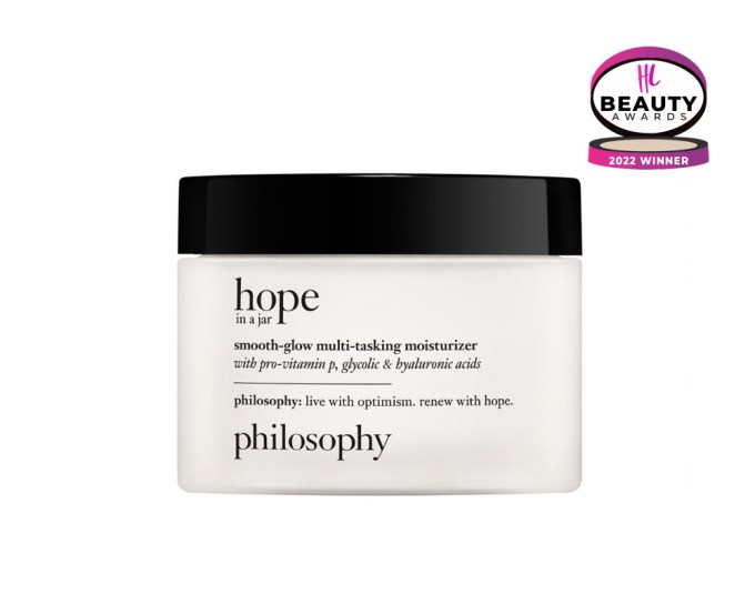 BEST MOISTURIZER – philosophy hope in a jar smooth-glow multi-tasking moisturizer, $39, philosophy.com