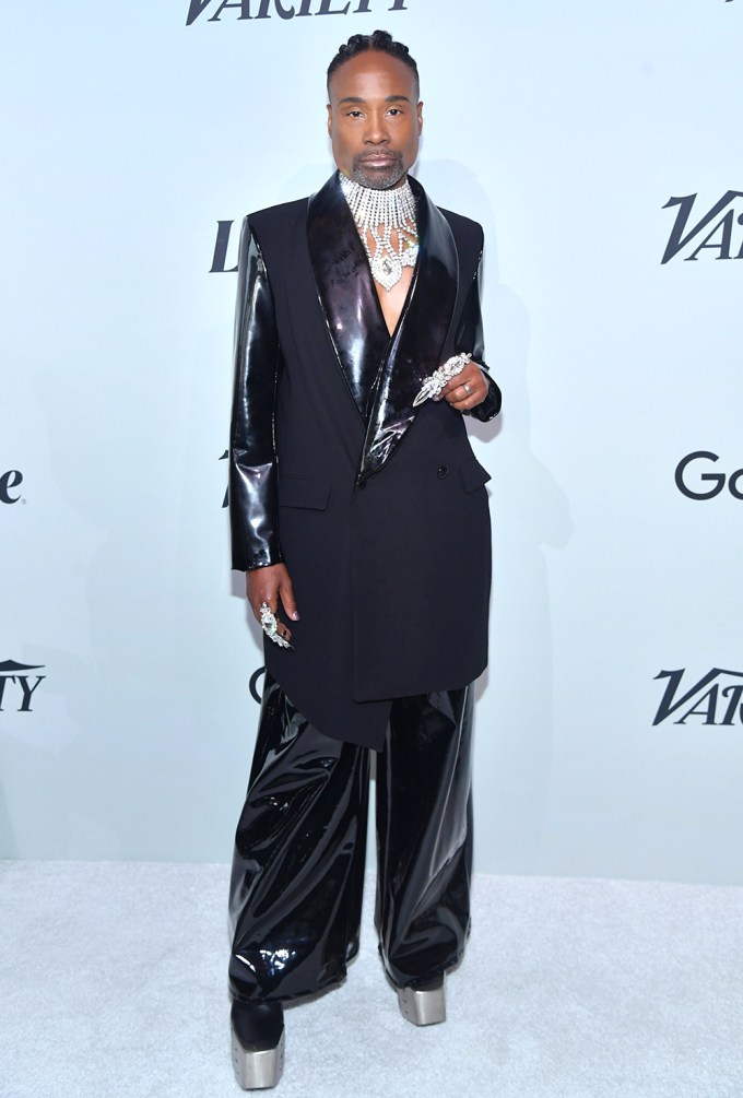 Billy Porter Wears A Black Structured Suit With Patent Leather Features