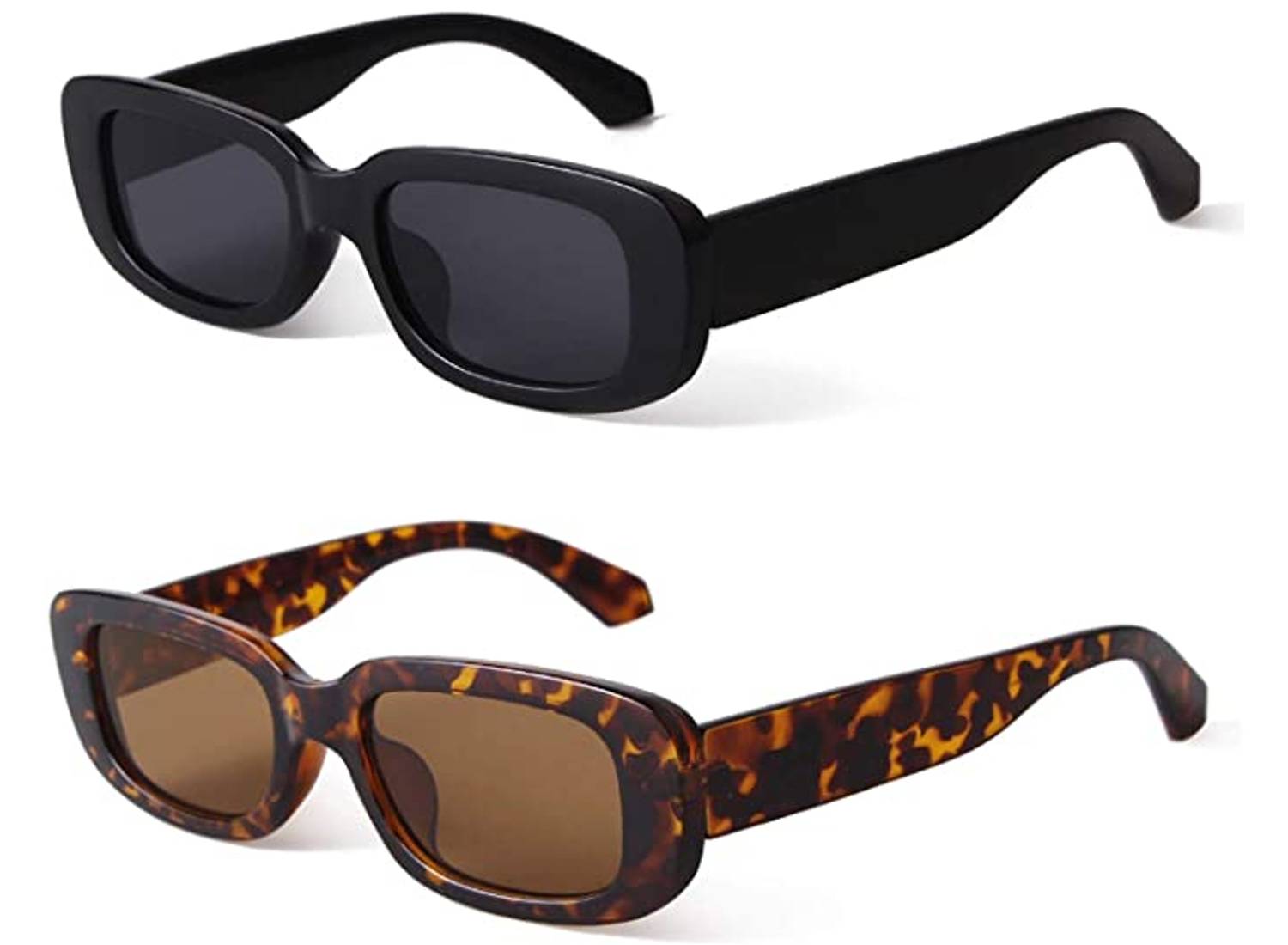 Set of two vintage-style rectangle sunglasses, one black and one tortoiseshell