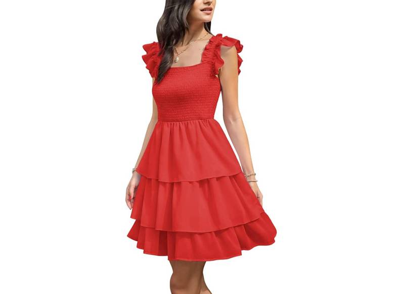 Woman wearing red ruffle sundress.