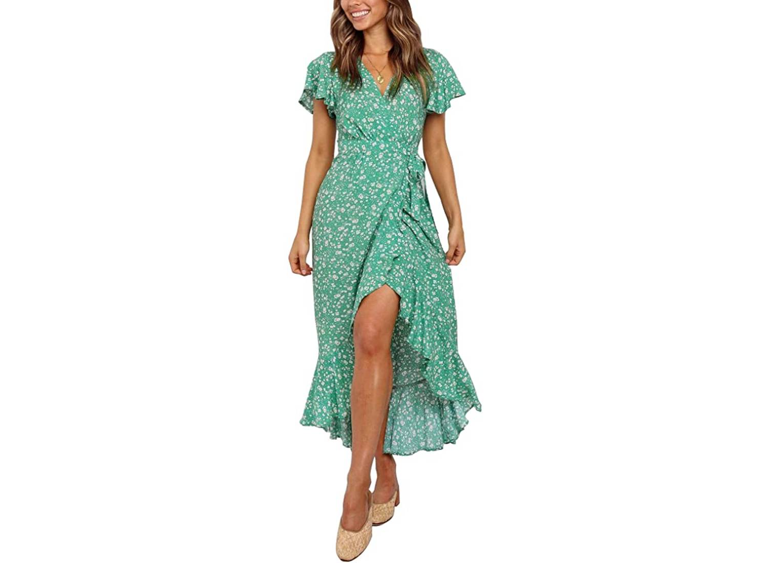 woman-dressed-green-floral-mussel-dress