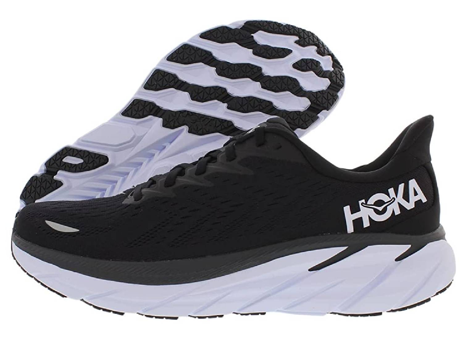 A pair of black and white womens HOKA brand Clifton 8 running shoes 