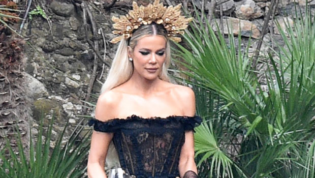 Khloe Kardashian Dazzles In Gold Headpiece & Black Dress At Kourtney & Travis’ Italian Wedding