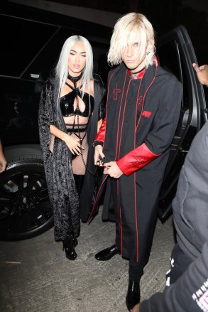Weeet Hollywood, CA - Megan Fox and MGK show off their "unholy" costumes while attending Vas Morgan's Halloween Party in West Hollywood!  Pictured: MGK, Megan Fox BACKGRID USA 30 OCTOBER 2022 USA: +1 310 798 9111 / usasales@backgrid.com UK: +44 208 344 2007 / uksales@backgrid.com *UK Clients - Pictures Containing Children Please Pixelate Face Prior To Publication *