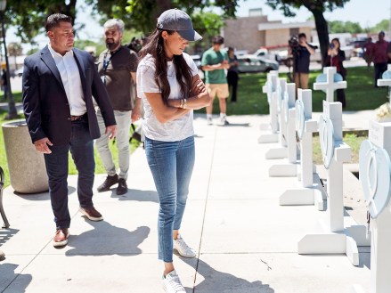 Meghan Markle, Duchess of Sussex, visits a memorial site, honoring the victims killed successful  Tuesday's simple  schoolhouse  shooting successful  Uvalde, Texas
Texas School Shooting, Uvalde, United States - 26 May 2022