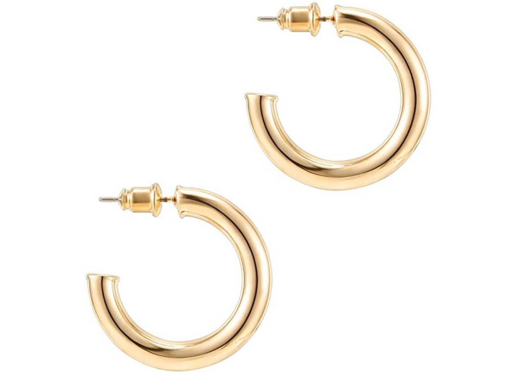 A pair of opened gold, chunky hoop earrings