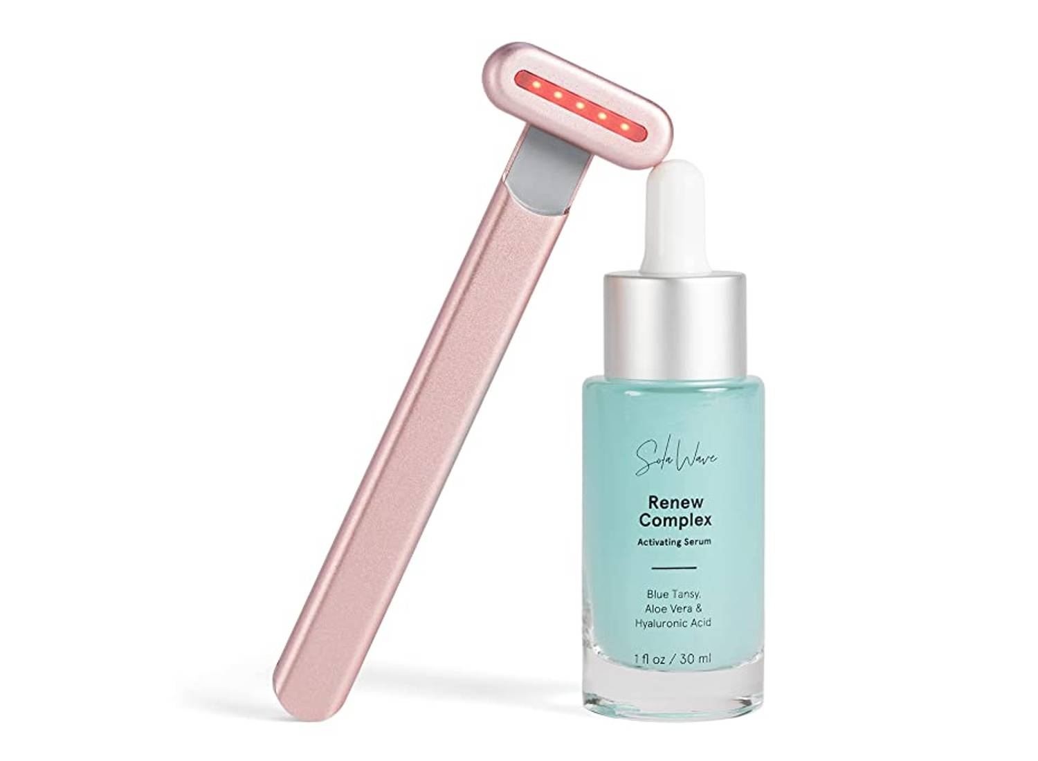 A red light skincare wand and a renewing facial serum