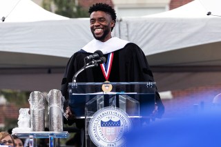 Actor and alumnus Chadwick Boseman delivers the keynote address at Howard University's commencement ceremony for the 2018 graduating class. Boseman received an honorary degree, Doctor of Humane Letters. The ceremony is held in the upper quadrangle of the main campus of Howard University, in Washington D.C. on Saturday, May 12, 2018.  (Photo by Cheriss May/NurPhoto)
Howard University 2018 Commencement, Washington, United States - 12 May 2018