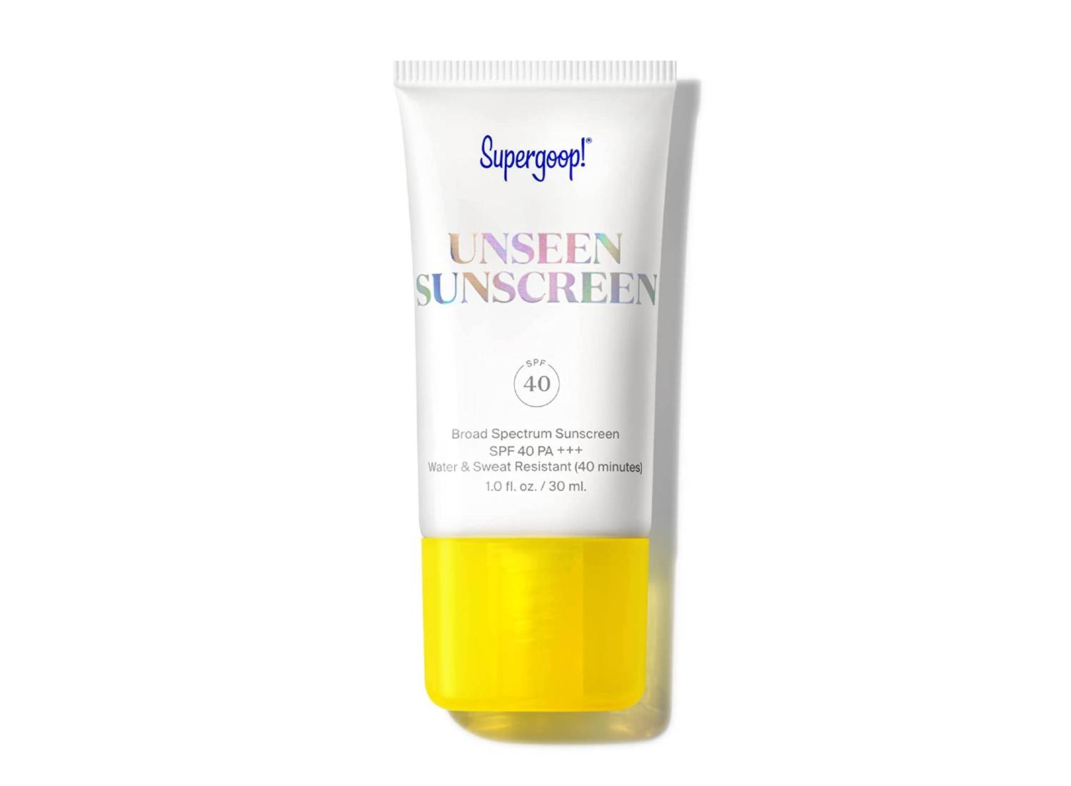 A white bottle with a yellow lid of Supergoop!'s Unseen Sunscreen