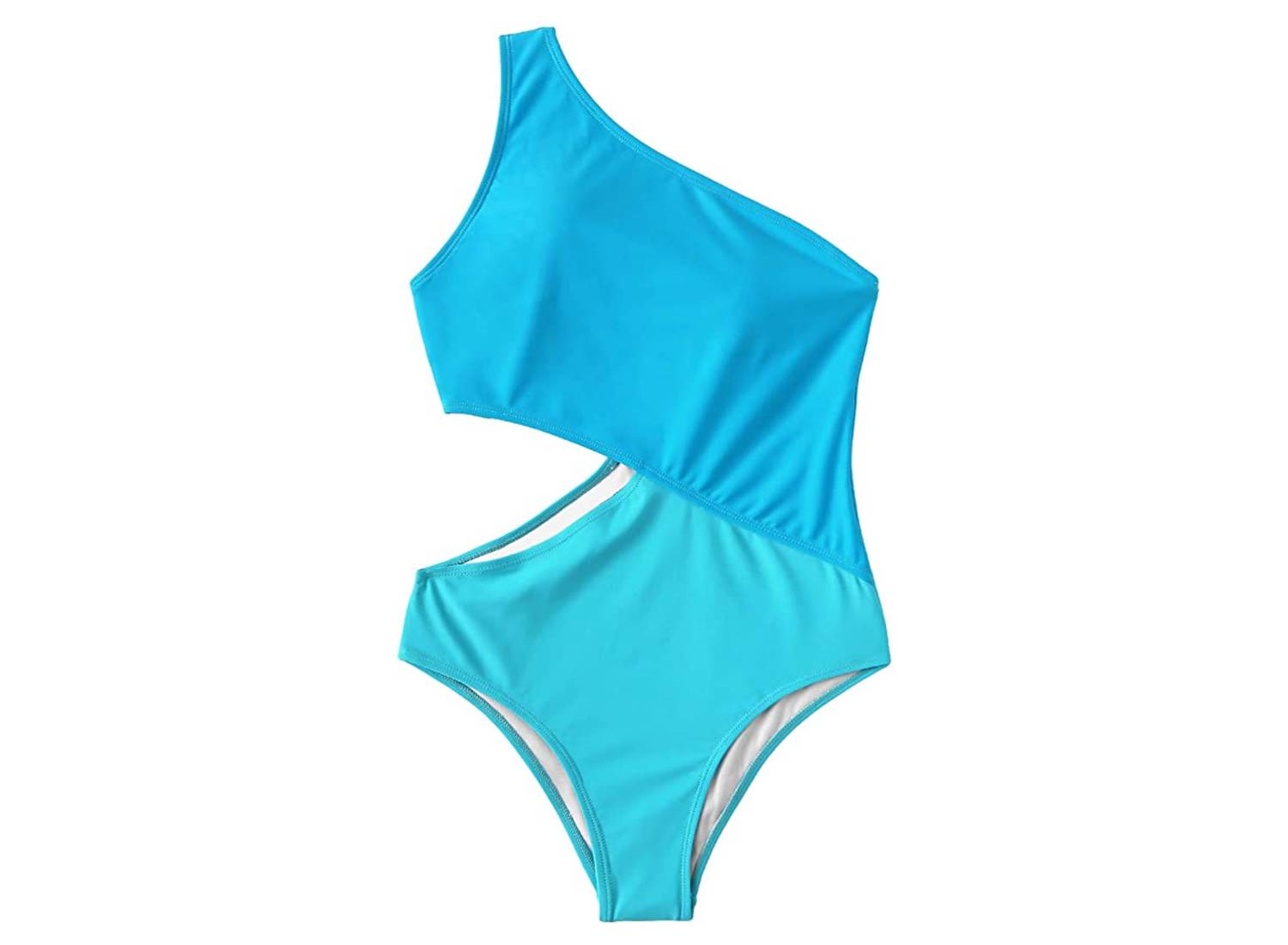 Multicolor light blue one-shoulder, one-piece cutout swimsuit