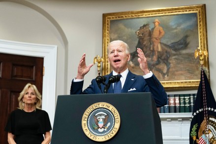 President Joe Biden speaks to the nation about the mass shooting at Robb Elementary School in Uvalde, Texas, from the White House, in Washington, as first lady Jill Biden listens
Biden Texas School Shooting, Washington, United States - 24 May 2022