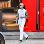 EXCLUSIVE: Travis Barker Looks Cool In White While Out With Son Landon In Calabasas, CA.