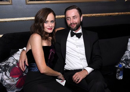 Alexis Bledel, Vincent Kartheiser.  Alexis Bledel, left, and Vincent Kartheiser appear in the green room at the 69th Primetime Emmy Awards, at the Microsoft Theater in Los Angeles 69th Primetime Emmy Awards - Green Room, Los Angeles, USA - Sep 17, 2017