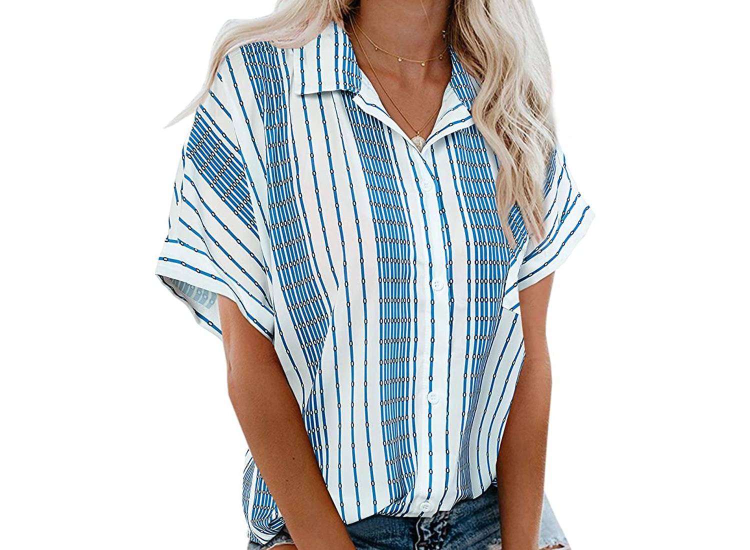 A woman wearing a blue and white striped button-down v-neck top