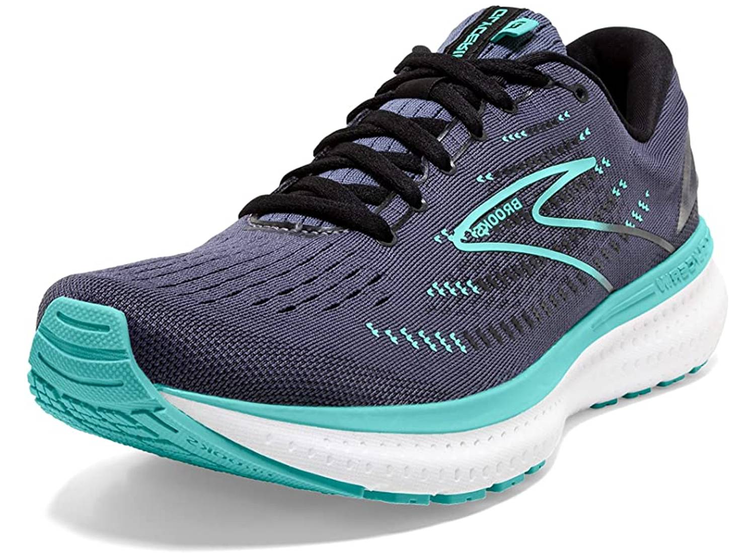 A pair of gray, white and teal running sneakers from Brook's