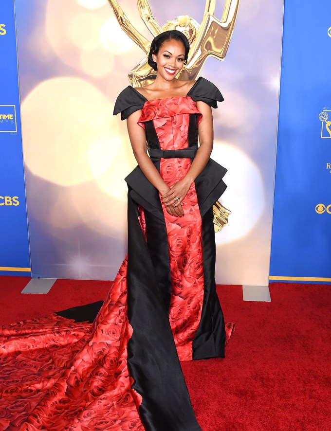 Mischael Morgan and her train arrive on the Daytime Emmys red carpet