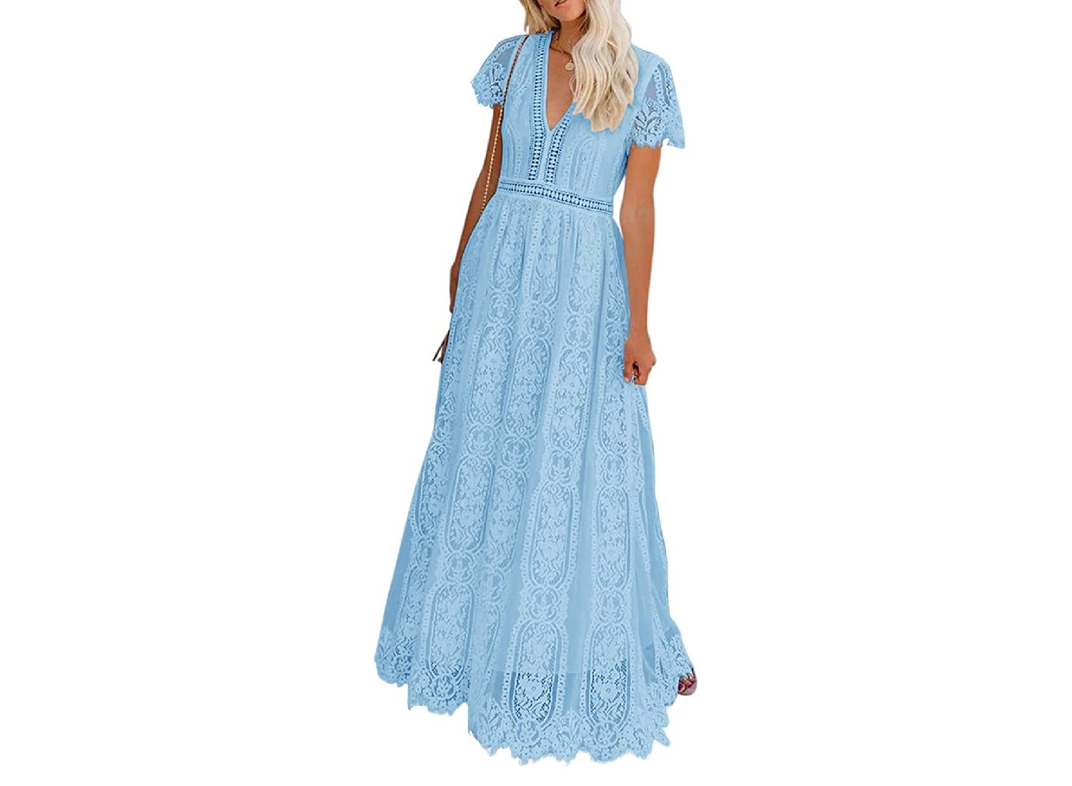 A light blue dress on a blonde model.