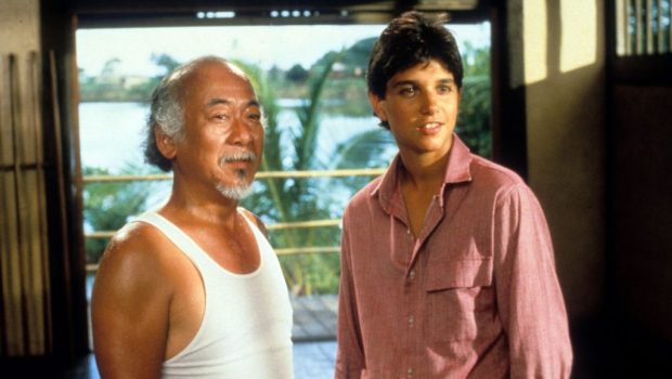 Pat Morita and Ralph Macchio in a scene from the film 'The Karate Kid', 1984. (Photo by Columbia Pictures/Getty Images)