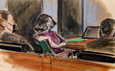 In this courtroom sketch, Ghislaine Maxwell, center, sits in the courtroom during a discussion about a note from the jury, during her sex trafficking trial, in New YorkJeffrey Epstein Maxwell Trial, New York, United States - 29 Dec 2021