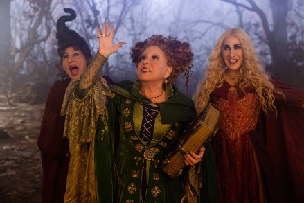Kathy Najimy as Mary Sanderson, Bette Midler as Winifred Sanderson, and Sarah Jessica Parker as Sarah Sanderson in Disney's live-action HOCUS POCUS 2, exclusively on Disney+. Photo by Matt Kennedy. © 2022 Disney Enterprises, Inc. All Rights Reserved.
