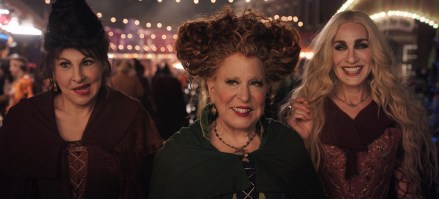 (L-R): Kathy Najimy as Mary Sanderson, Bette Midler as Winifred Sanderson, and Sarah Jessica Parker as Sarah Sanderson in Disney's live-action HOCUS POCUS 2, exclusively on Disney+. Photo courtesy of Disney Enterprises, Inc. © 2022 Disney Enterprises, Inc. All Rights Reserved.
