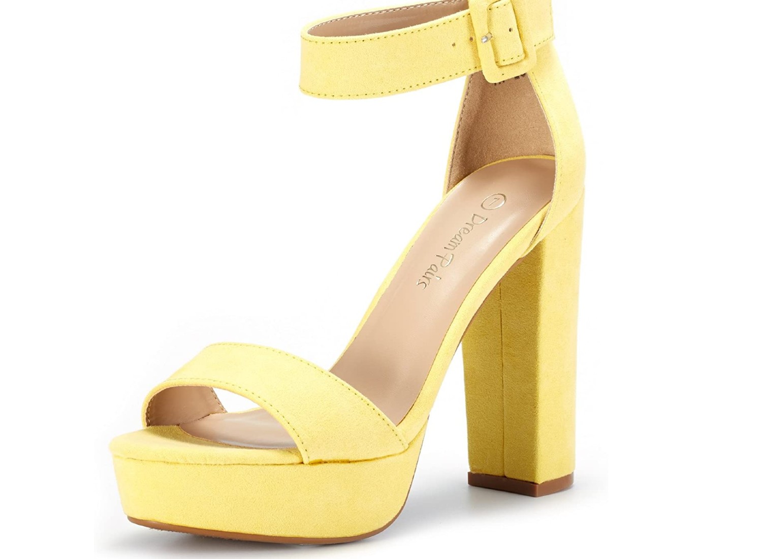 A single, yellow show with a chunky heel and ankle strap.
