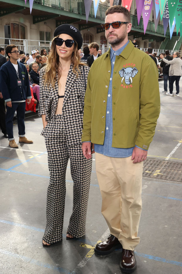 Jessica Biel Wears Plaid Suit With Justin Timberlake at Kenzo Show