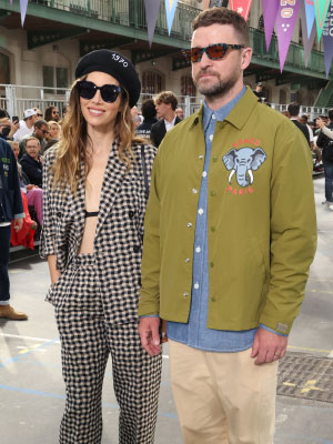 Jessica Biel Wears Plaid Suit With Justin Timberlake at Kenzo Show