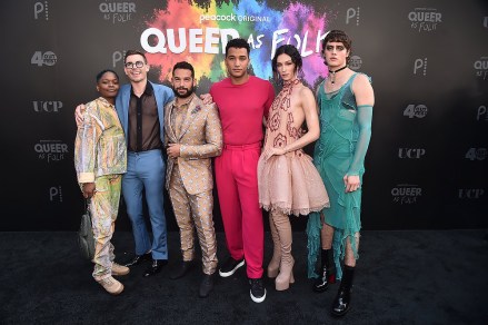 QUEER AS FOLK -- "Premiere at Outfest’s The OutFronts" on June 3, 2022 at the Theatre at Ace Hotel DTLA -- Pictured: (l-r) CG, Ryan O’Connell, Johnny Sibilly, Devin Way, Jesse James Keitel, Fin Argus -- (Photo by: Alberto Rodriguez/Peacock)