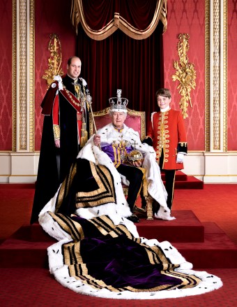 Official Portrait of King Charles III, The Prince of Wales and Prince George on the day of the coronation in the Throne Room at Buckingham Palace, London, UK, issues on the 12th May 2023., , Picture by Hugo Burnand/Royal Household 2023/WPA-Pool , , MANDATORY CREDIT: Hugo Burnand/Royal Household 2023, , EDITORIAL USE ONLY. This photograph shall not be used after 2259hrs GMT on December 31, 2023, without prior, written permission from Royal Communications. After that date further licensing terms will be available. , , The new photographs are made available for editorial purposes, charities and not-for-profit organisations. The copyright of the photographs is vested in Buckingham Palace and Hugo Burnand. Publications are asked to credit the photograph to Hugo Burnand. , , Terms of use must be strictly adhered to. The photographs will be free for press usage until 2259hrs GMT, Sunday December 31, 2023, , The photographs are being made available by way of licence on condition that: The photographs shall be solely for news editorial use only. The photographs should be used only in the context of Their Majesties' Coronation. The photograph is provided to you strictly on condition that you will make no charge for the supply, release or publication of it and that these conditions and restrictions will apply (and that you will pass these on) to any organisation to whom you supply it. There shall be no commercial use whatsoever of the photograph (including by way of example only) any use in merchandising, advertising or any other non-news editorial use. The photograph must not be digitally enhanced, manipulated or modified in any manner or form. 12 May 2023 Pictured: King Charles III, Prince William, Prince of Wales, Prince George. Photo credit: MEGA TheMegaAgency.com +1 888 505 6342 (Mega Agency TagID: MEGA980918_001.jpg) (Photo via Mega Agency)